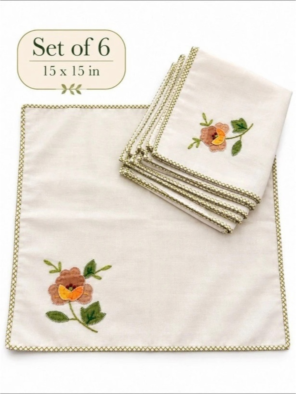 Vintage Set of 6 Floral Appliqué Embroidered 15x15 Luncheon Napkins kitchen